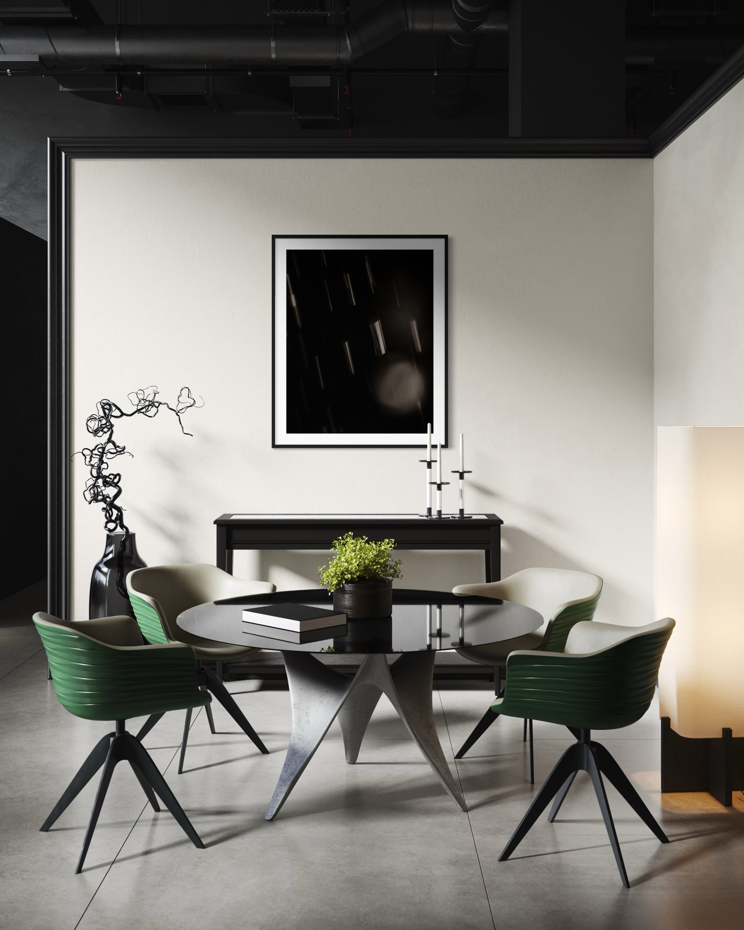 Modern dining room with a round table and chairs, featuring a black and white abstract painting on the wall.