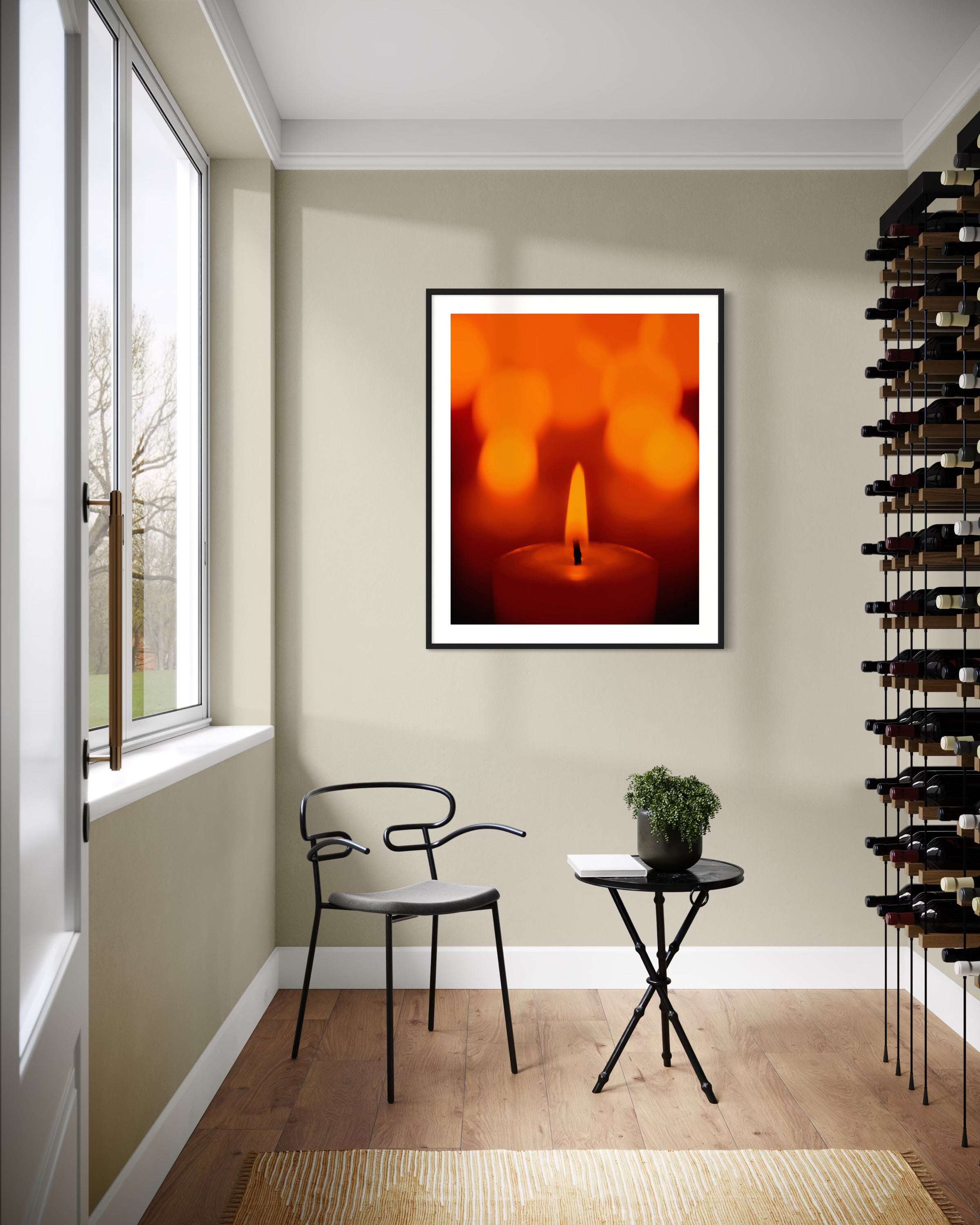 Modern interior with a candle painting on the wall, chair, and wine rack.