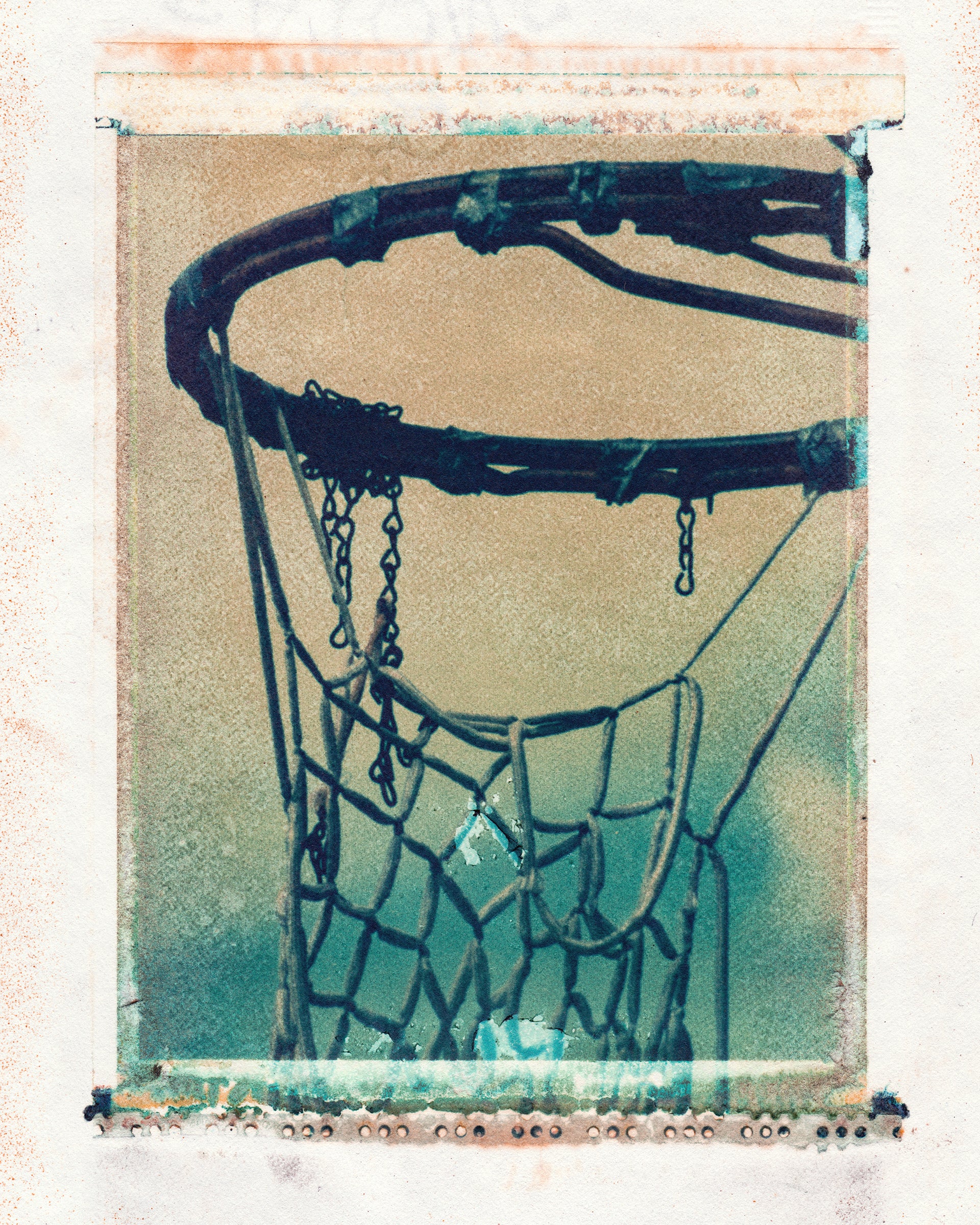 photo, Polaroid transfer, of old grungy outdoor basketball goal 