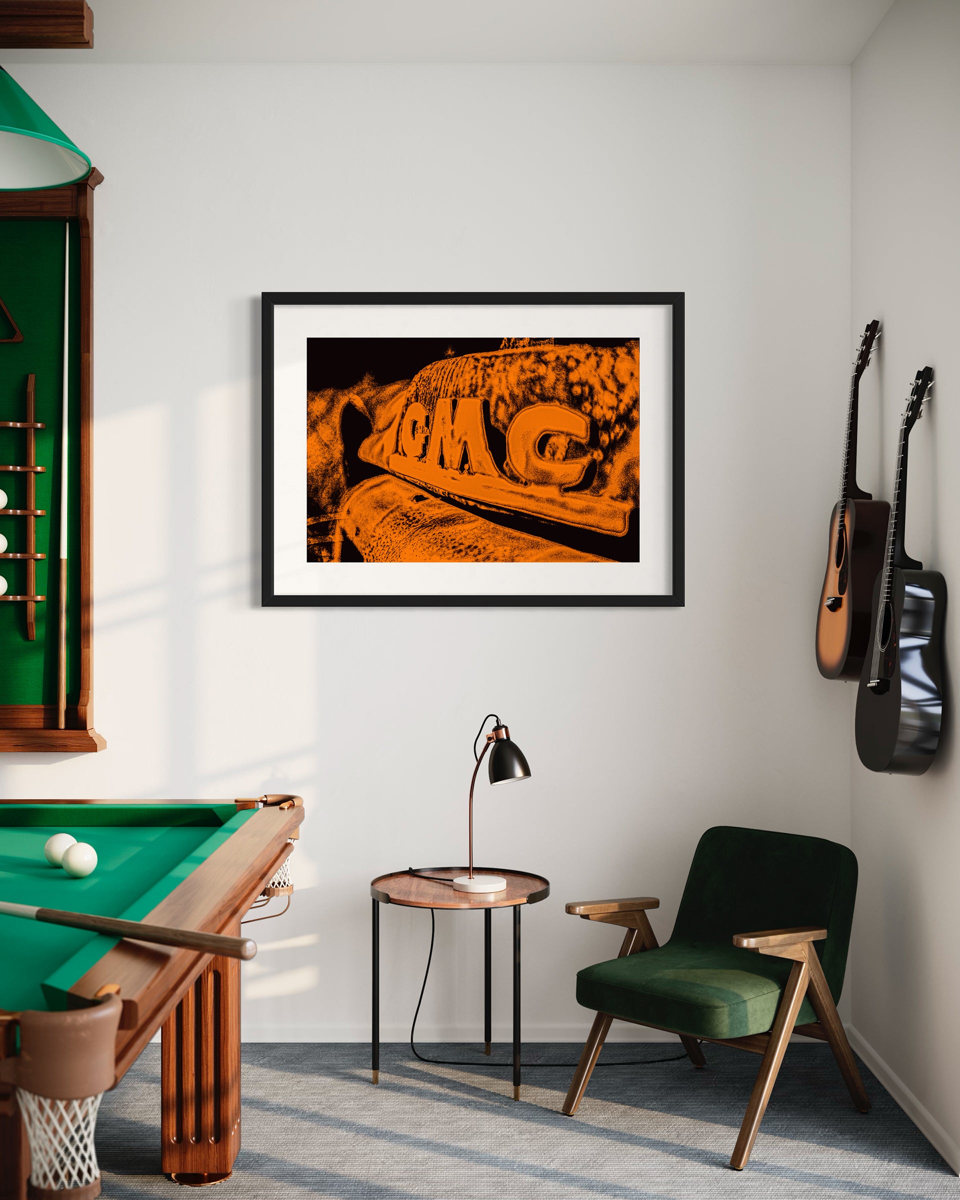 orange tone photo of old truck on wall in game room with pool table and guitars