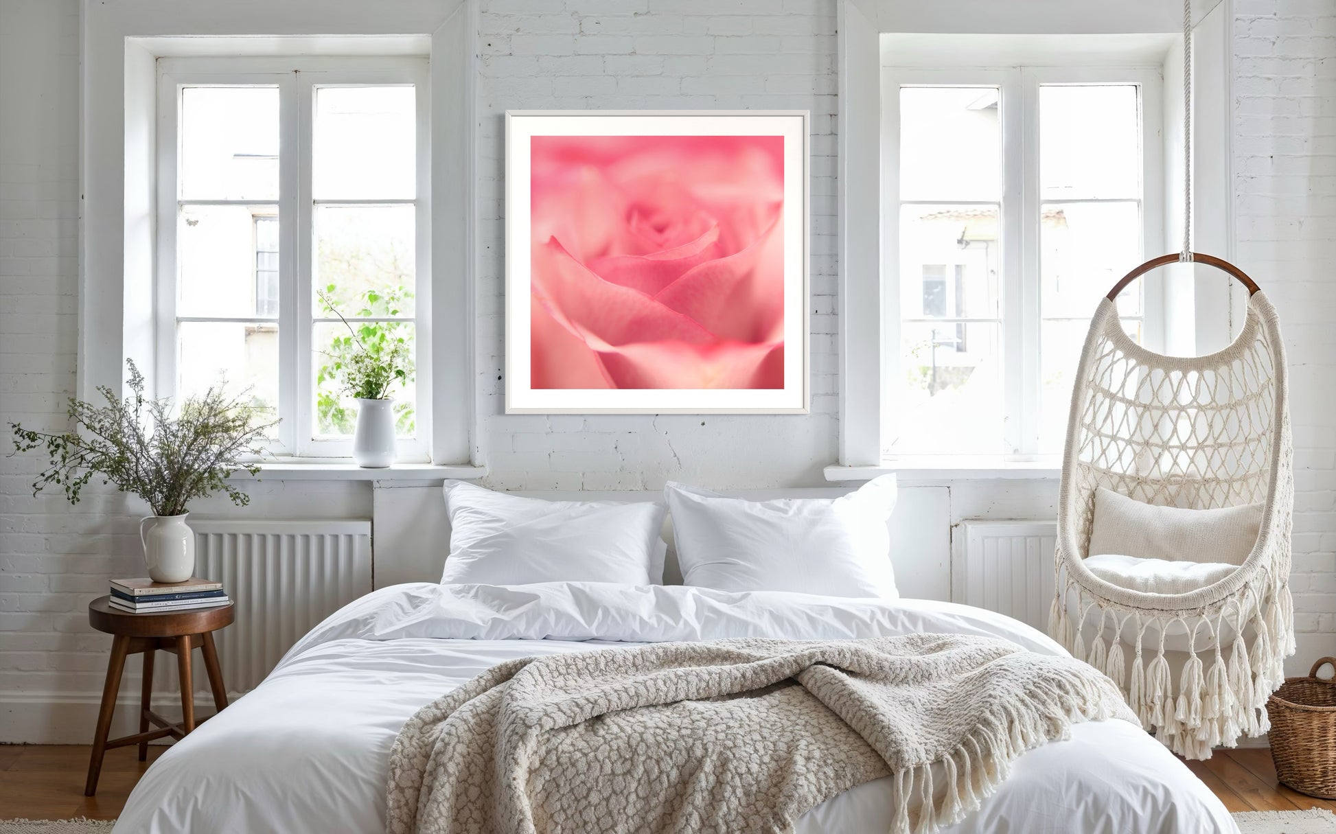 macro of pink rose shot in studio with shallow depth of field in white frame with white matte on white brick wall above bed, room is mostly white tones with hardwood floors