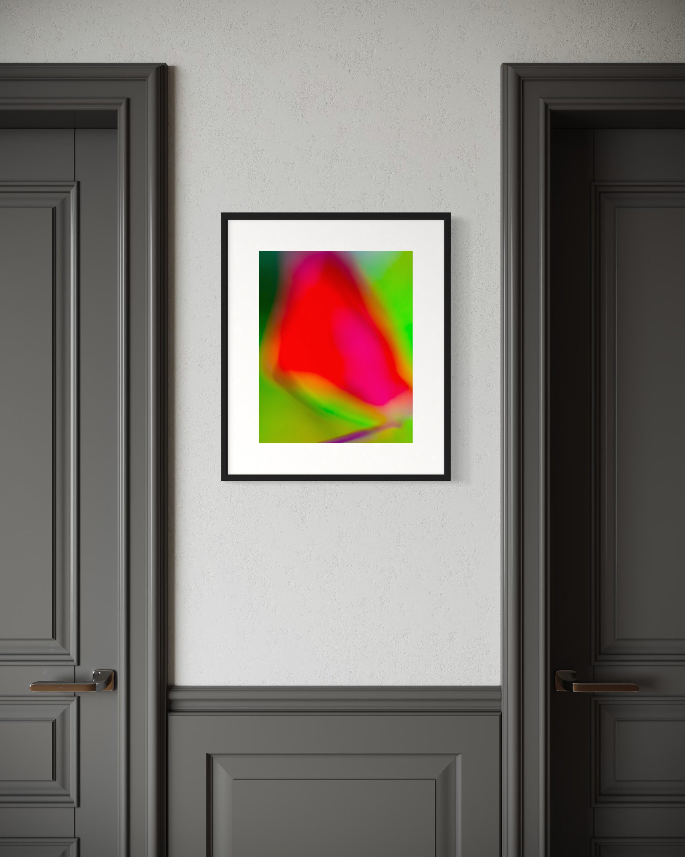 photo of blurry red leaf on blurred bright green background in black frame with white matte on light gray wall between 2 charcoal gray doors
