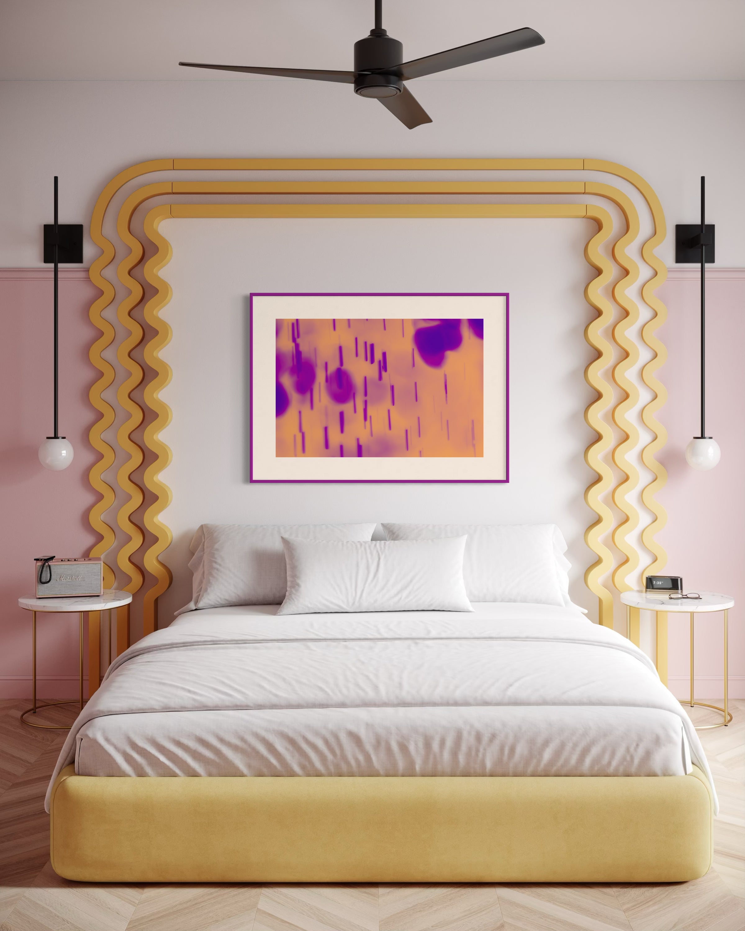 blurred rain in purple on pale yellow background in purple frame with off white matte on white wall in modern hip looking bedroom