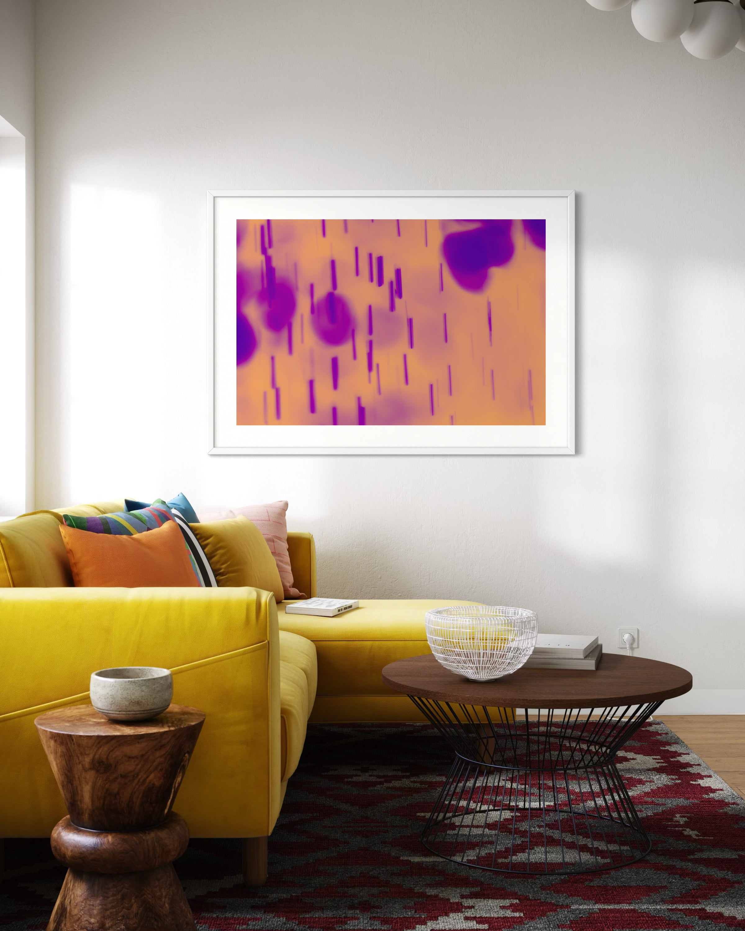 blurred rain in purple on pale yellow background in white frame with white matte on white wall in modern living room with bright yellow couch and wooden coffee table