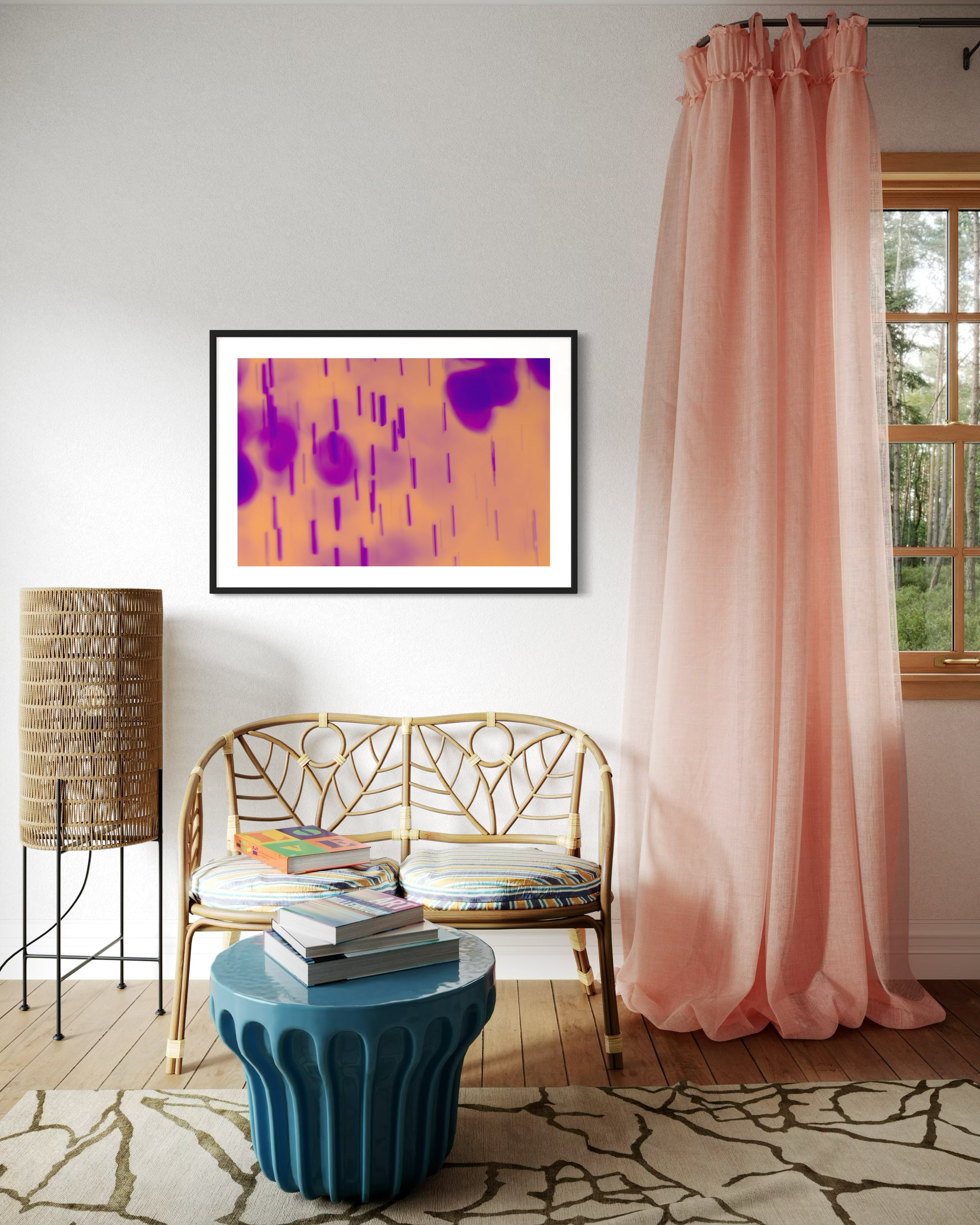 blurred rain in purple on pale yellow background in black frame on off white wall in rustic seating area with hardwood floors and some wicker furniture