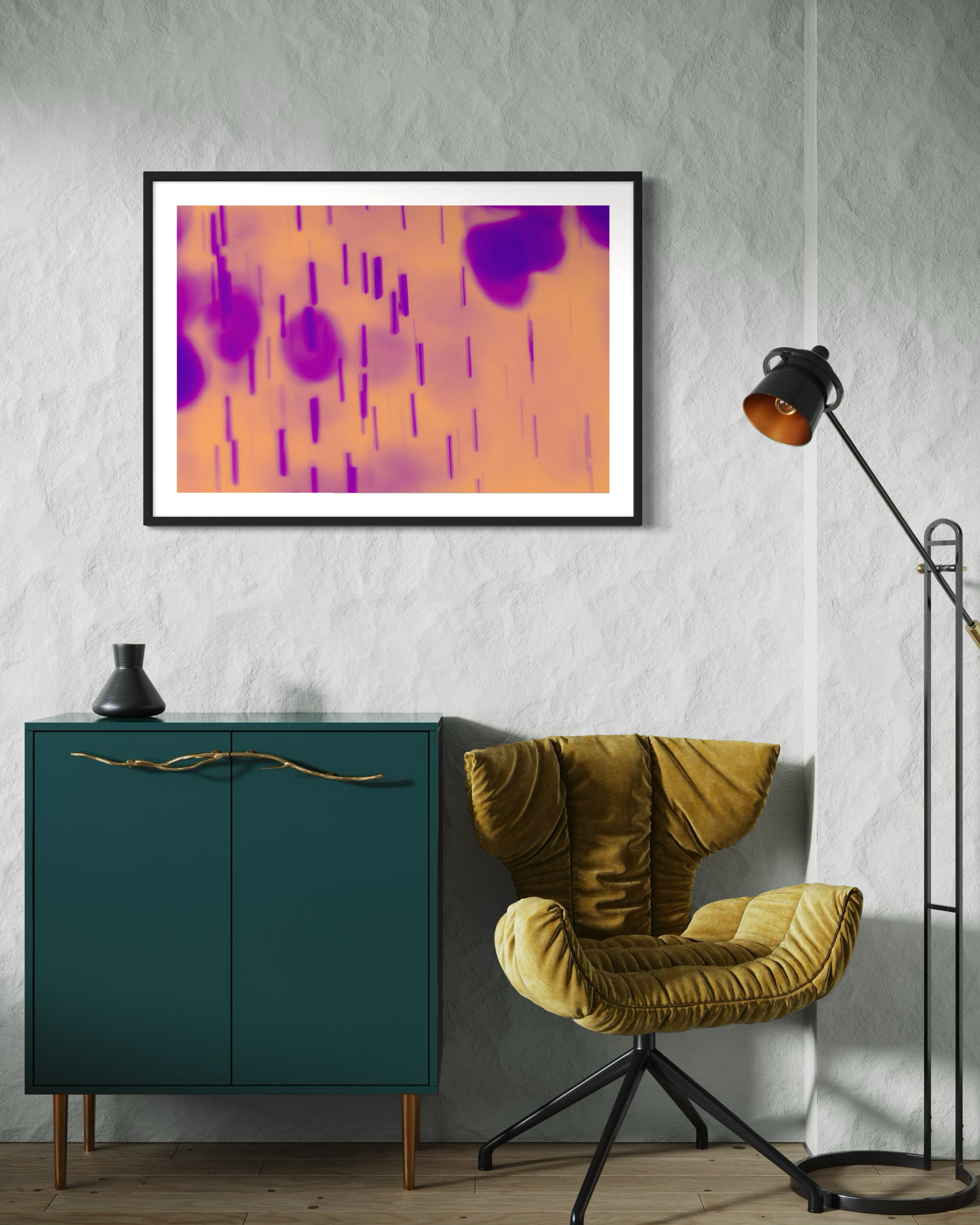 Modern interior featuring a framed abstract painting with purple and orange hues, a dark teal cabinet with a unique gold handle, and a mustard velvet chair under a sleek black floor lamp.