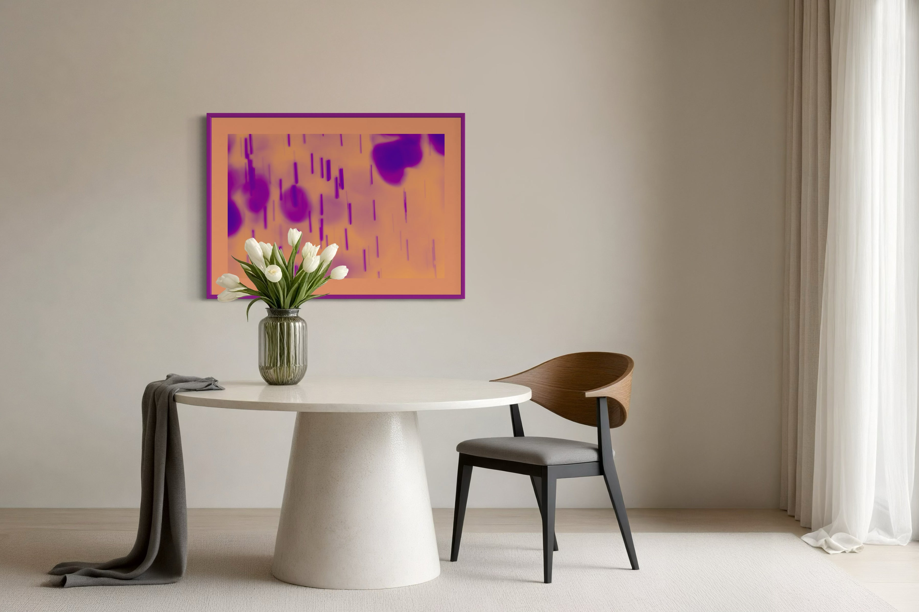 blurred rain in purple on pale yellow background in purple frame with pale yellow matte on tan wall in modern minimalist breakfast area