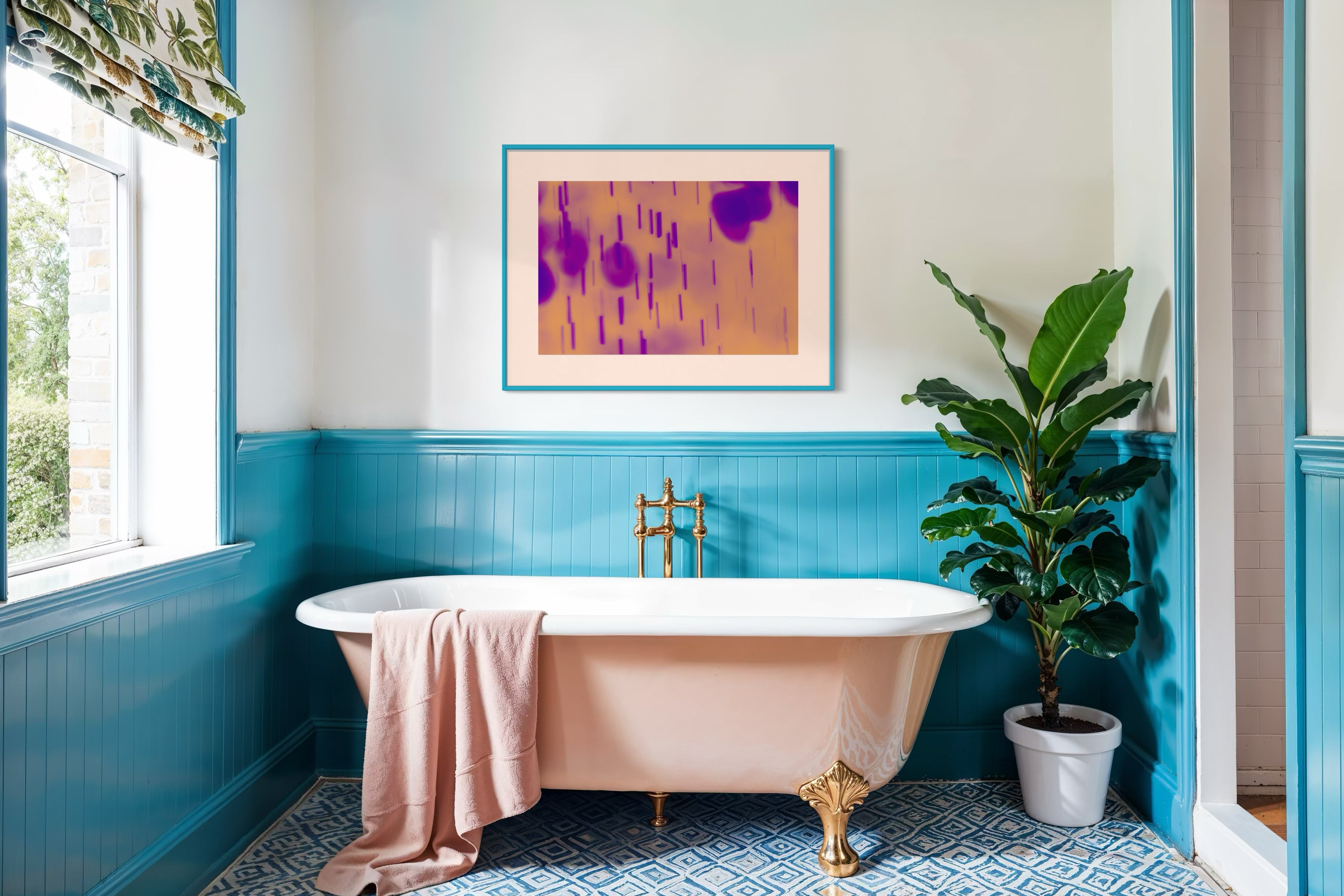 blurred rain in purple on pale yellow background in teal frame with light pink matte on white wall in colorful bathroom with teal and pink, and a claw tub
