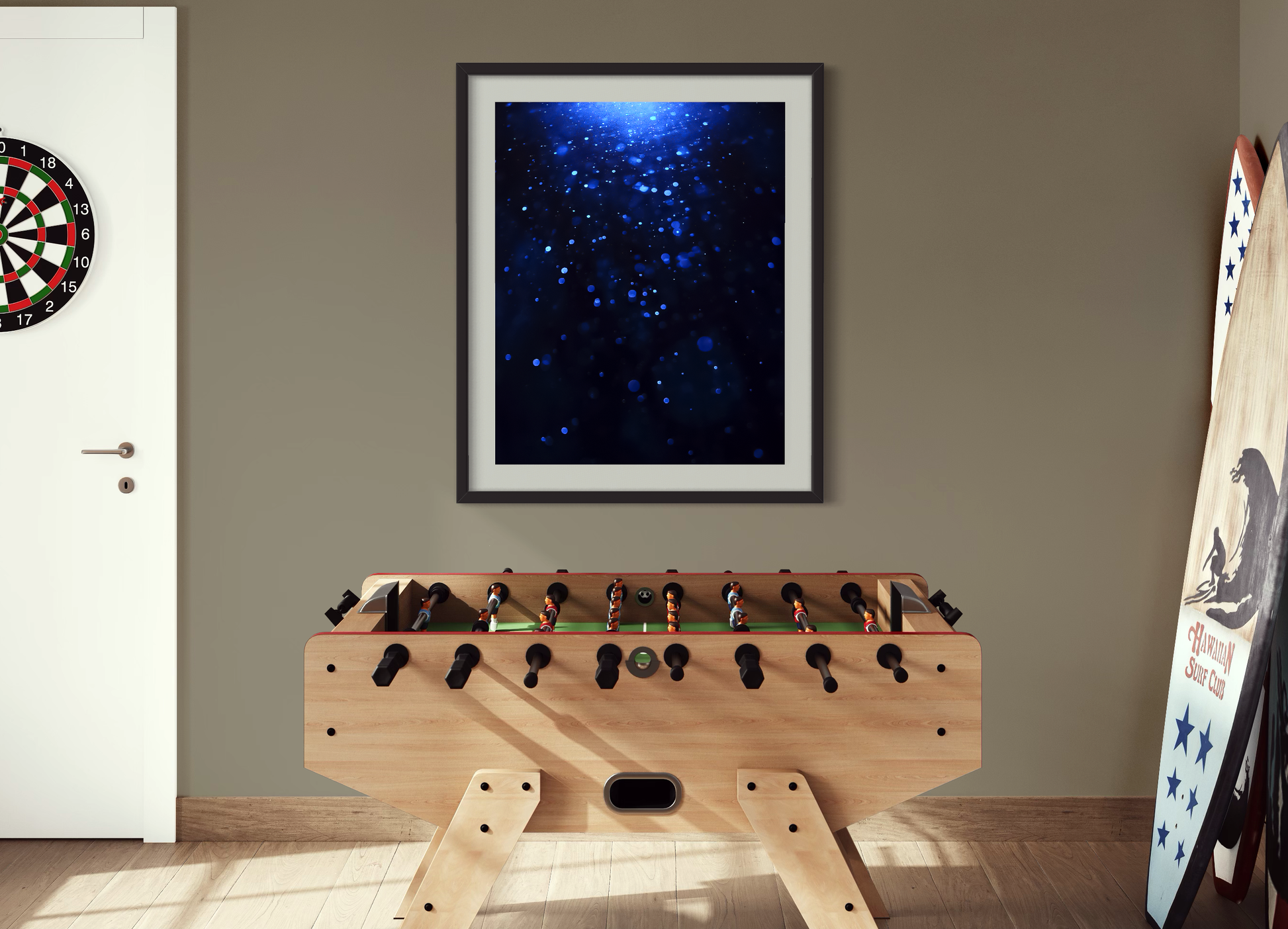 sci fi space looking photo as if close to the exterior of a space ship, blue tone in black frame in game room with foosball table, dart board and surf boards